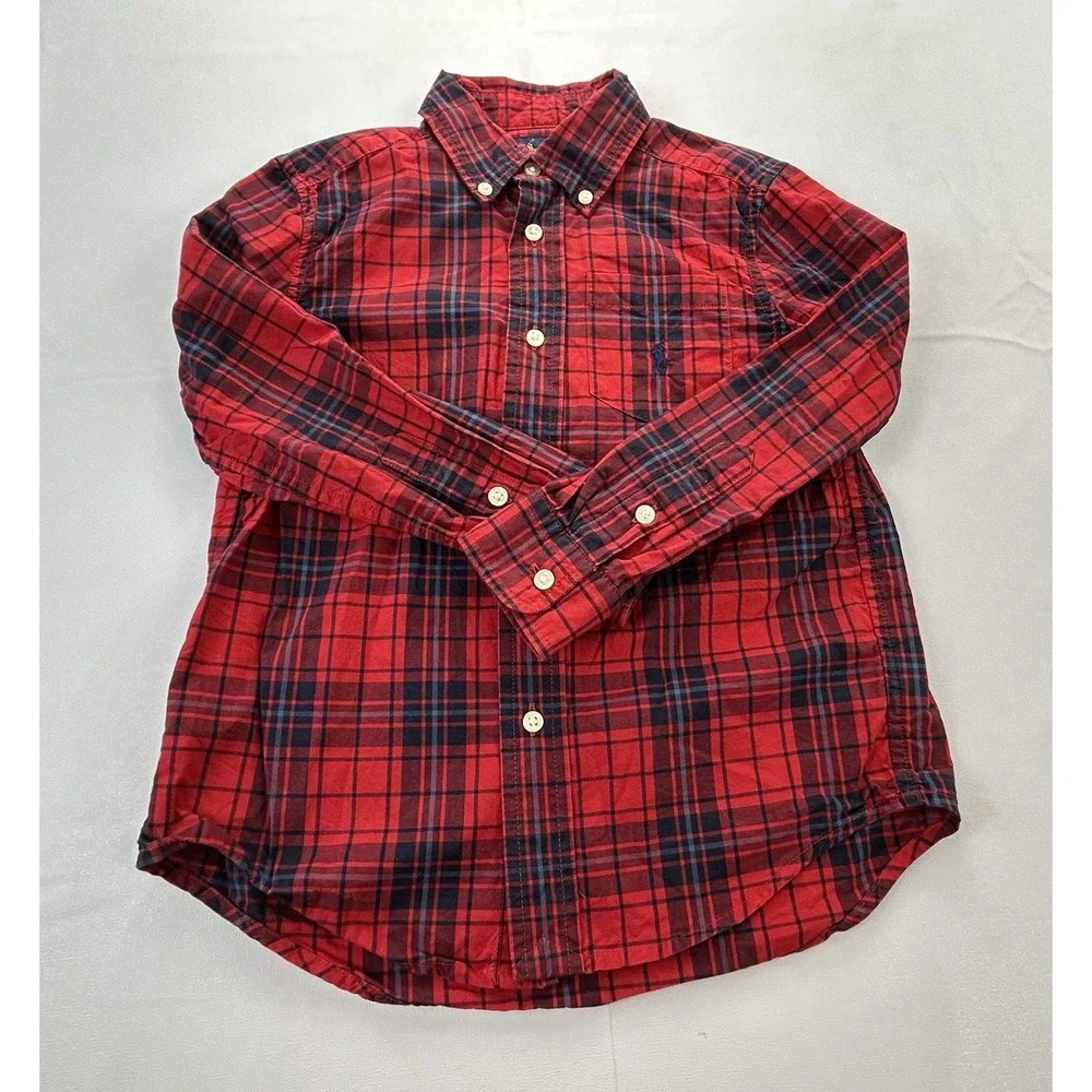 Ralph Lauren Boys Size 5 Red Navy Plaid Button Down Shirt 100% Cotton
